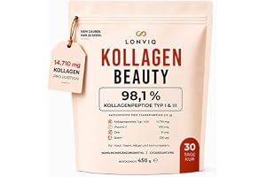 LONVIQ Kollagen Komplex Pulver 450g med Vitamin C Zink Biotin, Typ 1 & 3 | Hydrolyserat Bovint Kollagen, 14 710 mg per Portion, Smakneutralt, Löser Sig Lätt i Kaffe, Utan Tillsatt Socker, 30 Portioner