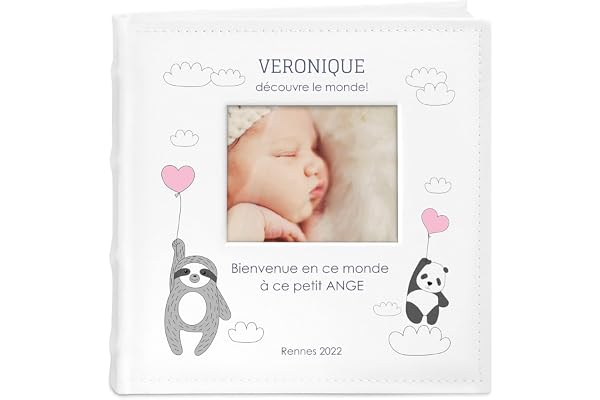 Maverton Album photo bébé à pochettes, Album Photo à personnaliser avec une poche ouvrable sur la couverture, Cadeau pour les petits, Livre photo de naissance imprimé - bienvenue