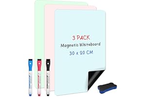 ANLIOTE Lot de 3 Tableau Blanc Magnetique pour Frigo, 30 x 20 cm Coloré Tableau Magnetique Effaçable à Secavec 3 Stylos Marqueurs Et Effaceur pour Planning Semaine, Cuisine Liste, Mémo Aimanté