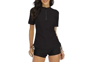 Halcurt UV Shirt Damen Kurzarm Rash Guard 1/4 Zip UPF 50+ Badeshirt Bademode Schnell Trocknender Schwimmshirt Tankini S-XXL