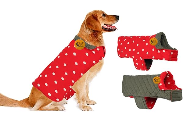 Sage Square 2 in 1 Premium Reversible Double Side Dog Coat, Ultra Warm Windproof Winter, Thicker Fleece Jacket for Cold Weather (Red and Grey) (Medium) (18 Inches)