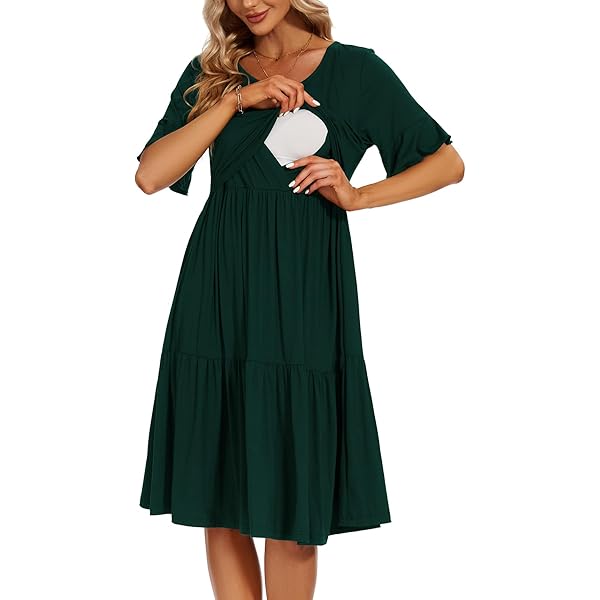 Abito Premaman Elegante Con Allattamento | Scollo A V, Maniche Lunghe, Cintura In Vita | Nero - Foto 3