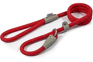 Ancol Viva Reflective Rope and Leather Slip Dog Lead - Red - Lightweight Weatherproof Durable Puppy Training Accessory - 1.5m x 12mm