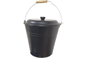 Easy Shopping® 12L Metal Ash Bucket Black Fireside Storage Coal Ash Bin Fire Log Container With Wood Handle and Black Lid