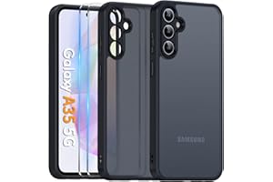COPIKE Funda Mate para Samsung Galaxy A35 5G y Protector de Cámara, Carcasa Antigolpes Helada Translúcida Antihuellas con 2 Piezas Cristal Templado, Negro