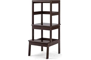 ‎GOPLUS GOPLUS lernturm, 2 Stufen kinder tritthocker, Learning tower, aus Massivholz, Lackiert, bis zu 70kg Belastbar, Hohe Leiste für mehr Sicherheit, für Kinder ab 1 Jahr (Braun)