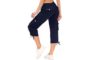 MoFiz Women's Relaxed-Fit Capri Pants 3/4 Length Cropped Trousers Hiking Joggers Workout Lounge Pants with Cargo Pockets