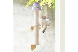 MEWOOFUN Cat Window Hammock Perch Wooden with Climbing Steps and Scratching Post, Strong Suction Cups Window Mounted Cat Window Bed Sturdy for Indoor Cats, L