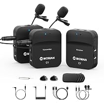 Microfono Lavalier Wireless MOMAN C1 – 2.4GHz, Portata 70 M, 8 Ore Autonomia, Per Smartphone, Reflex E Videocamere