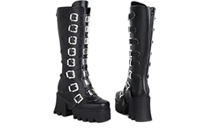 JIFAENY Damskie punkowe gotyckie buty na platformie gotyckie koturny masywne buty motocyklowe do połowy łydki bojowe kozaki do kolan z zamkiem błyskawicznym