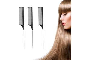 ROTOPATA 3 Pack Rat Tail Comb, Carbon Fiber Stainless Steel Pintail and Heat Resistant Teasing Comb, Black