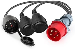 Jadeshay Cavo di Alimentazione CEE prolunga elettrica,400V 16A Spina Industriale a Cinque Poli IP44 Impermeabile Adattatore Presa Industriale 1 Spina 5 Pin e 3 Schuko con Cavo 50 cm Caravan Campeggio