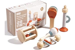Kingbar Ensemble De 5 Instruments De Musique en Bois, Hochets à Trois Anneaux, Maracas, Castagnettes, Jouets Musicaux Interactifs pour Enfants De 0 à 1 an, 5 PCS