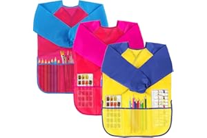 Hanmulee Kids Art Aprons, ( Yellow + Pink + Red ) Waterproof Children Painting Apron with Pockets, Long Sleeve Art Smock Artist Painting Aprons For Children Age 2 3 4 5 6 Boy Gir