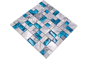 CONWIRE Mosaik Fliese Transluzent grau Kombination Glasmosaik Crystal Stein grau blau für WAND BAD WC DUSCHE KÜCHE FLIESENSPIEGEL THEKENVERKLEIDUNG BADEWANNENVERKLEIDUNG Mosaikmatte Mosaikplatte