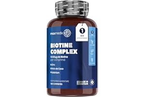 MAXMEDIX Biotine Cheveux 10000 mcg + Zinc + Sélénium - 365 Comprimés Vegan (Pour 1 An) - Complement Alimentaire Cheveux, Ongles, Peau - Biotine Sans Excipient De Vitamine B8 Avec Huile MCT de Noix de Coco