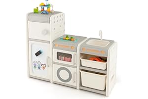 RELAX4LIFE Scaffale per Giocattoli per Bambini, Libreria per Bambini con Lavagna Magnetica, Pennarelli e Cancellino, Mobile Porta Giochi a Forma di Cucina per Asilo Nido e Cameratta