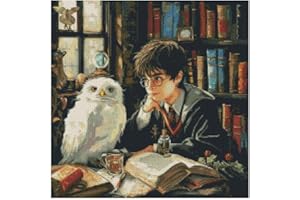 MAX STITCH DESIGN Kit de punto de cruz con diseño de niño y búho (2), tela aida de 14 hilos, hilo 100% algodón, 200 x 200 puntos, 36 x 36 cm