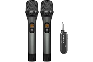 VeGue Microfono wireless Professionale, UHF Sistema Microfonico Dinamico a Doppio Cordless in Metallo con Ricevitore Ricaricabile per Karaoke，Festa，Nozze，Chiesa，Riunione，DJ, 60m（WM-2）
