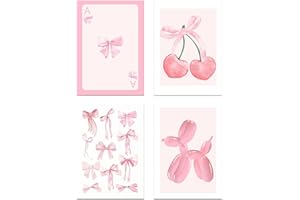L0famy Preppy Prints Room Decor, Pink Bow Cherry Disco Ball Poster Wall Decor, Cute Balloon Dog Posters, Girls Bedroom Decoration Pink Photos For Bedrooms Dorm 8x10in Unframed