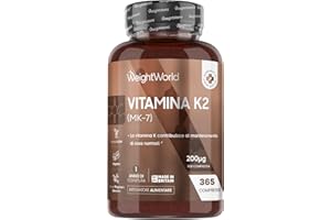 WEIGHTWORLD Vitamina K2 MK7 200µg, Vegana, 1 Compressa al Giorno, 1 Anno di Fornitura, 365 Compresse da 5 mm, K2 Vitamina, Menachinone, Integratore Privo di Magnesio Stearato e Glutine, Prodotto nel Regno Unito