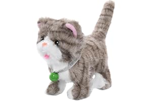 Sharplace Electric Stuffed Walking Cat Plush Toy with Record & Repeat Interactive Meow Kitten, Tail Wagging, Versatile for Child's Gift 7x4x6.7inch Simulation Electronic Pet Toy, Light Gray Stripes