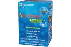 FERROTONE - Eau Riche en Fer Naturel - Saveur Pomme & Vitamine C - Réduit Fatigue, Booste Énergie & Immunité - Doux pour l’Estomac - Vegan - 28 Sachets Monodoses Pratiques 25 ml