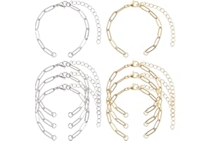 SUNNYCLUE 1 Caja 12Pcs Cadena de Acero Inoxidable de Pulsera de Pinza de Papel Eslabones de Pulsera de Oro Plata Metal Ajustable Extensor Bangles Enlace con Cierres de Pinza de Langosta para la Joyerí
