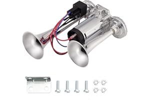 KUWUNG 12 V 600 dB Bocina de Aire Comprimido, Bocina de Aire de Doble Trompeta de Zinc Cromado con Compresor para Todos Los Vehículos de 12V, Camión, Tren, Coche, Furgoneta, Barco, Motocicleta