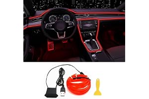 QVEVDACAR EL Wire Interior Car LED Strip Lights, USB Neon Glowing Strobing Electroluminescent Wire Lights with 6mm Sewing Edge, Ambient Lighting Kits for Cars Garden Decorations (5M/16.5FT, Red)