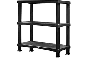 ALEEZ - 3 Tier Plastic Shelving Unit - Heavy Duty Storage Shelves - Storage Rack For Home, Garage, Shed, Warehouse - 25kg/55lbs Per Shelf - No Tools Required - Push Fit Assembly, Black (1, 3 Tier)