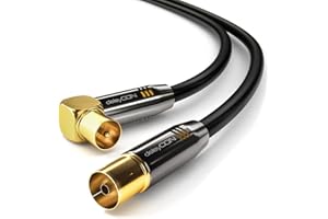 deleyCON 2m Cable de Antena TV 4K Coaxial - 4K Ultra HD Full HD HDTV - 1x Conector IEC Acodado 90° a Toma IEC Recta - TV Radio DVB-T2 Conectores Metálicos - Negro