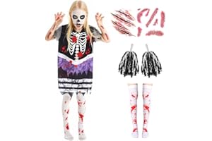 Amtum Zombie Cheerleader Costume Kids Cheerleader Halloween Costume Kids Dead Halloween Girls Zombie Cheer Leader Fancy Dress Outfit with Pompoms Socks Stickers Scary School Party