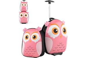HOMFME 2 PCS Kids Luggage Set, Children Suitcase and Backpack Set with Adjustable Handle and Universal Wheels, Hard Shell Toddler Trolley Case for Travel School (12 + 16 Inch, Pink Owl)
