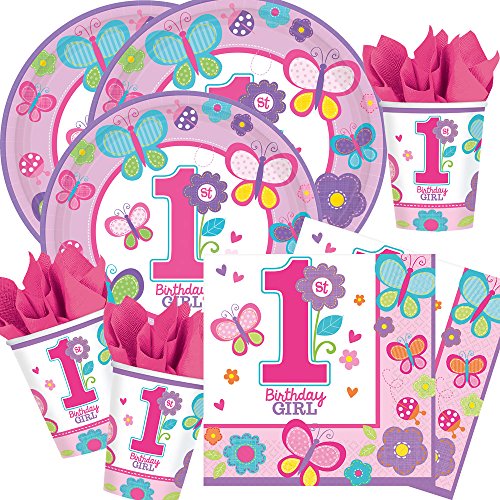 48-teiliges Party-Set 1. Geburtstag Mädchen Sweet Birthday Girl - Teller Becher Servietten mit Schmetterlingen und Blumen für 16 Personen