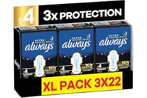 Always Ultra Sanitary Towels, Size 4 Secure Night, Extra Large Pack, 66 Count, Super Absorbent, Ultra Thin Pads with Wings fo