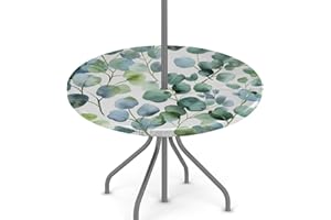 KNEMI Round Garden Table Cloth With Parasol Hole, Watercolor Leaves Outdoor Circular Fitted Tablecloth Wipeable Waterproof Elastic Edged Table Cover for Party Picnic, Fit for 36"-44" Round Tables