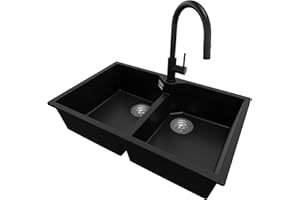 PRIMAGRAN Lavandino da Cucina Nero 78x50cm, Lavello in Granito a 2 vasche + Rubinetto 40x20cm + Sifone Classico, Lavabo Incasso al mobile 80cm - Madrid Twin S013
