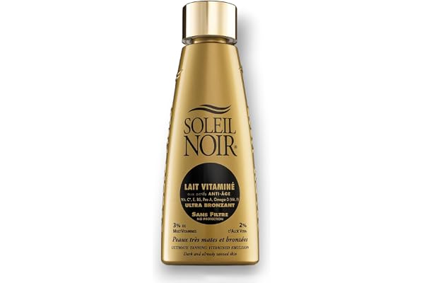 Soleil Noir - Lait Corps Vitaminé Sans Filtre Ultra Bronzant - Peaux Très Mates et Bronzées - Actifs Anti-Âge et Vitamines - Fabrication Française - Flacon avec Capsule Service, 150 ml