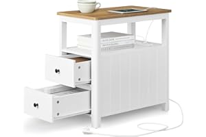 ‎VASAGLE VASAGLE Stolik boczny z listwą, mały i cienki z 2 szufladami, stolik nocny z miejscem do przechowywania, do salonu, sypialni, brązowy dębowy i biały LET327W14