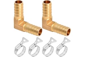 Youmile Empalmador de púas de latón de 2 piezas de 3/8 pulgadas (10 mm), conector de empalme púas de 90 grados tipo L, 2 vías, adaptador de unión para agua/aceite/gas con 4 abrazaderas de manguera