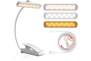 LUTW 24 LED Rotatable Book Light, 3 Eye-Friendly Colours and 5 Brightness Reading Light, Stepless Dimming, 1000mAh Rechargeable Clip on Light, Long Battery Life, Flexible Arm, Lightweight, White