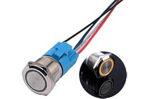 JIQI 22mm 12V bis 24V 5A Verriegelung Druckschalter Metall Rastend EIN/AUS Schalter mit LED Licht IP66 1NO1NC Selbsthemmende wasserdichte vorverdrahte Druckknopfschalter für Van KFZ DIY Motorrad(Gelb)