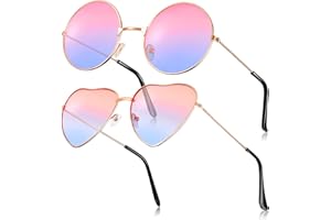 Fiada 2 Paires Lunettes de Soleil Hippies Lunettes de Soleil Rétro Lunettes de Soleil Vintage Lunettes de Soleil Rondes et Forme de Cœur pour Déguisement Costume Hommes Femmes