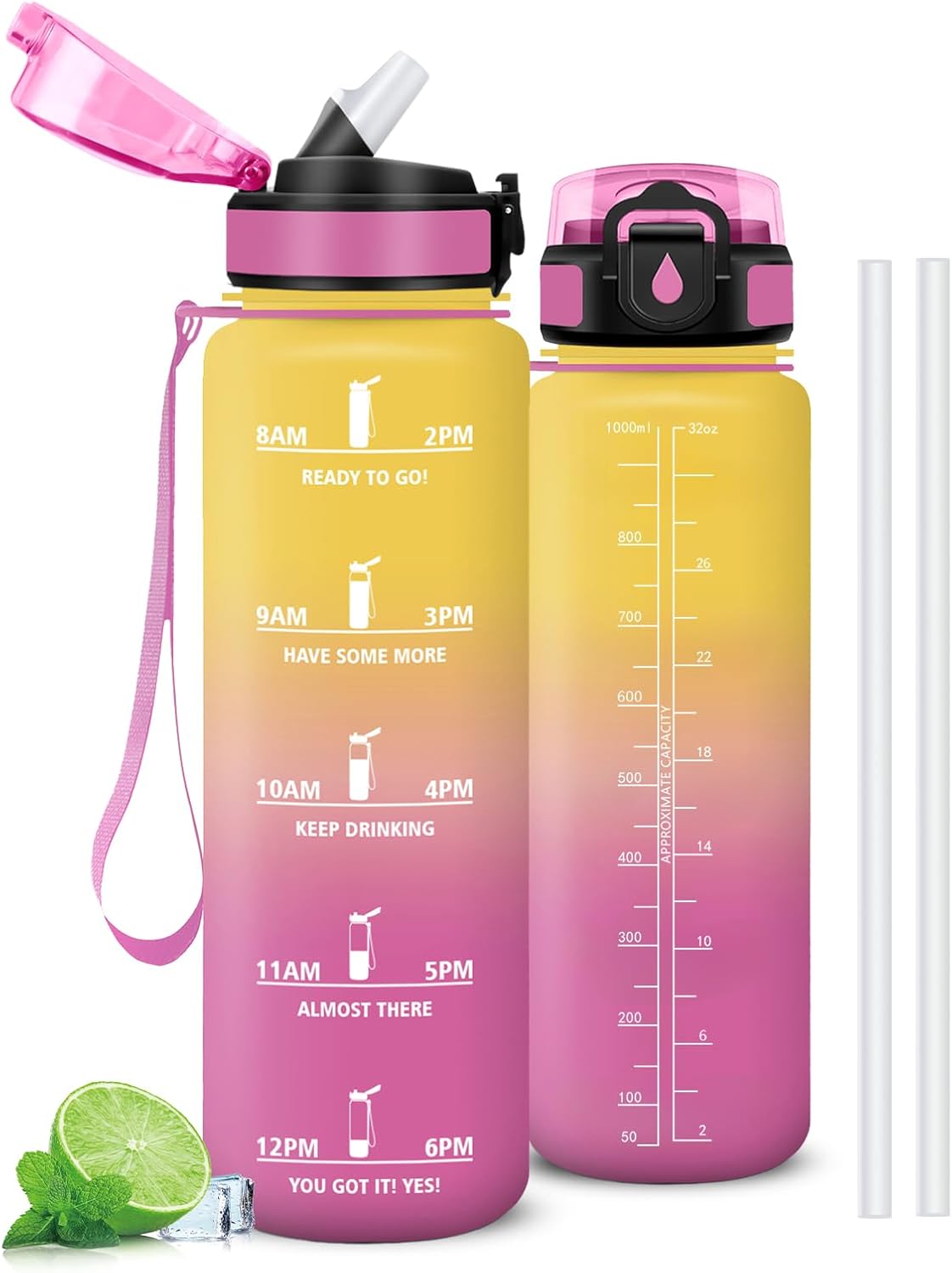 Mujigaga Botella Agua Gimnasio, A Prueba de Fugas Botella Agua 1 litro, Diseño de Cerradura, Cantimplora con Pajita, Cantimplora con Marcador de Tiempo para Colegio, Hogar, Exterior