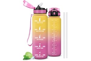 Mujigaga Botella Agua Gimnasio, A Prueba de Fugas Botella Agua 1 litro, Diseño de Cerradura, Cantimplora con Pajita, Cantimplora con Marcador de Tiempo para Colegio, Hogar, Exterior