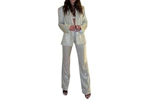FeMereina Conjunto deportivo de 2 piezas con lentejuelas brillantes para mujer, blazer de manga larga, pantalones largos anchos y brillantes, ropa de club