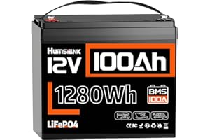HumsiENK Batterie Lithium LiFePO4 12V 100Ah, 1280Wh avec BMS Intelligent 100A, 15000 Cycles Profonds, 10 Ans de Durée de Vie, pour Camping-Car, Énergie Solaire, Hors Réseau, Moteur