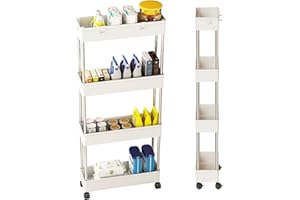 GOOPOOL Carrito Cocina Ahorra Espacio Carro de Almacenamiento Rodante de 4 Niveles Carrito Auxiliar con Ruedas Estanteria Estrecha Carrito Cocina Plástico para Cocina, Oficina, Blanco