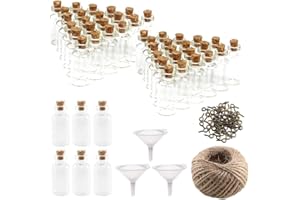 FOGAWA 48Pcs Mini Botellas de Vidrio 20ML Mini Botes de Cristal con Tapón de Corcho Botella para Boda Decoraciones Favores DIY Mensajes con 48 Tornillos 3 Embudos 30M Cuerda de Cáñamo